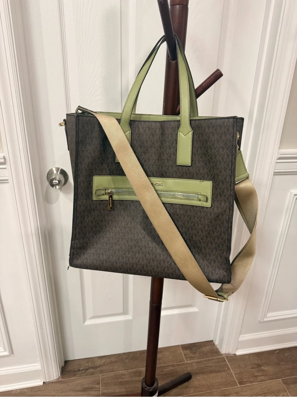 Michael Kors Brown Logo Kenly Tote Bag with Olive Trim and Beige Strap